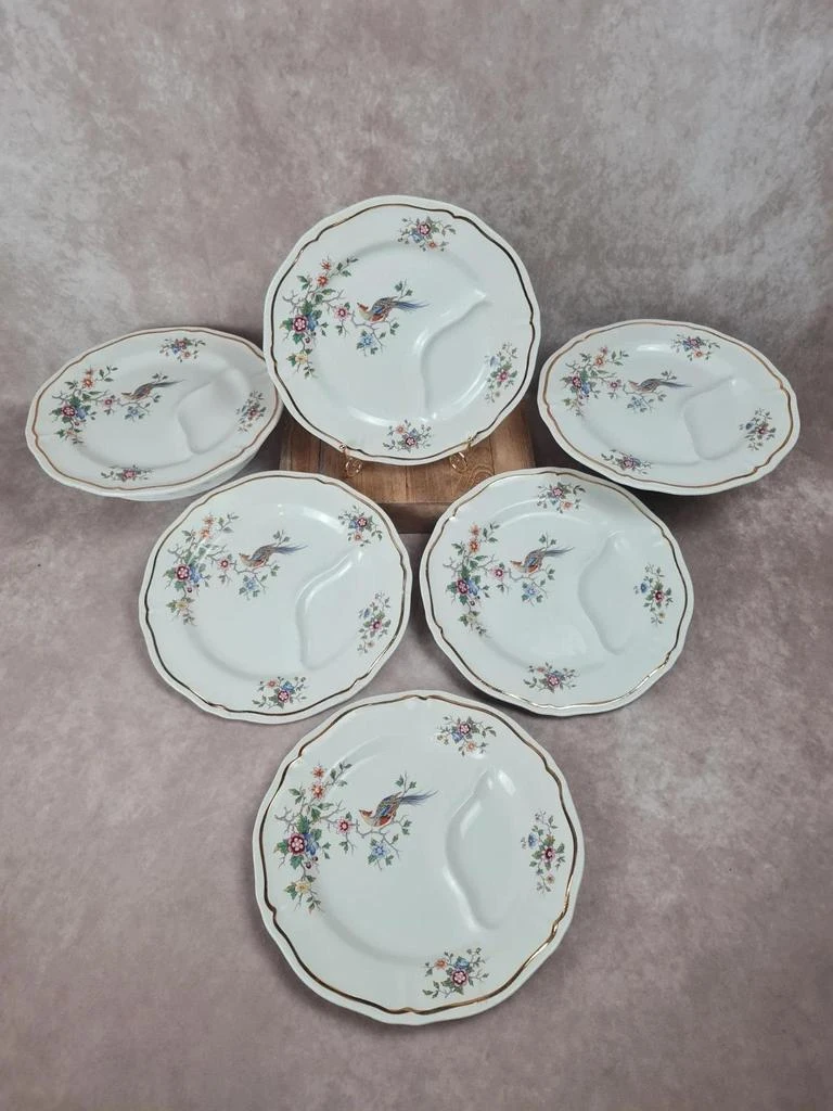 Lot de 6 assiettes à asperges Longchamp, décor oiseau fleuri vintage